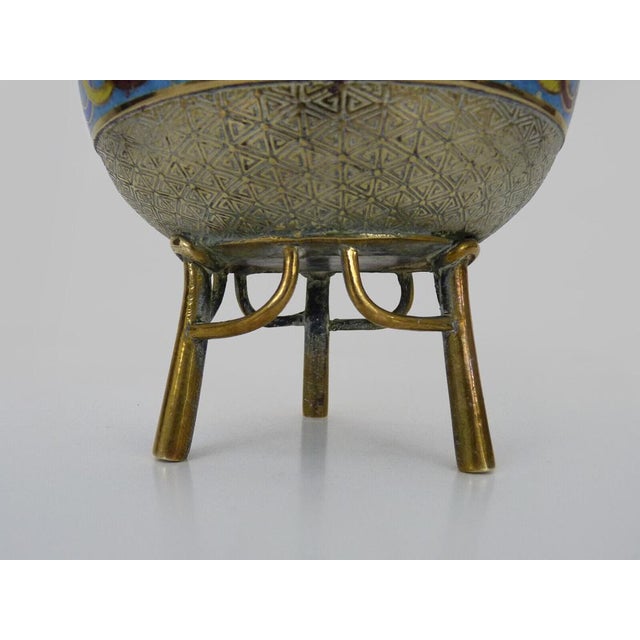 Blue 19th Century Burnt Tripod Perfume Bottle Covered in Gilded Bronze and Partitioned Enamels, Vietnam For Sale - Image 8 of 11