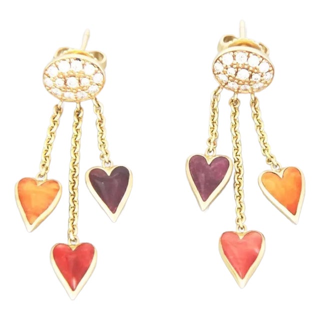Kabana Diamond Spiny Oyster Gems 14k Yellow Gold Hearts Dangle Earrings, 2 Pieces For Sale