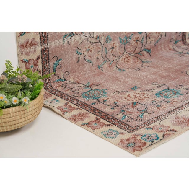 1970s Vintage Turkish Handmade Wool Cotton Pink Area Rug For Sale In San Francisco - Image 6 of 12