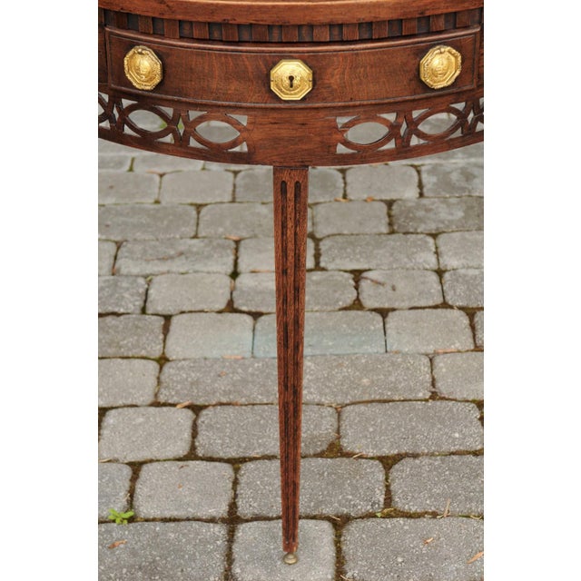 Wood English 1860s Oak Demilune Table with Drawer, Tapered Legs and Pierced Motifs For Sale - Image 7 of 10