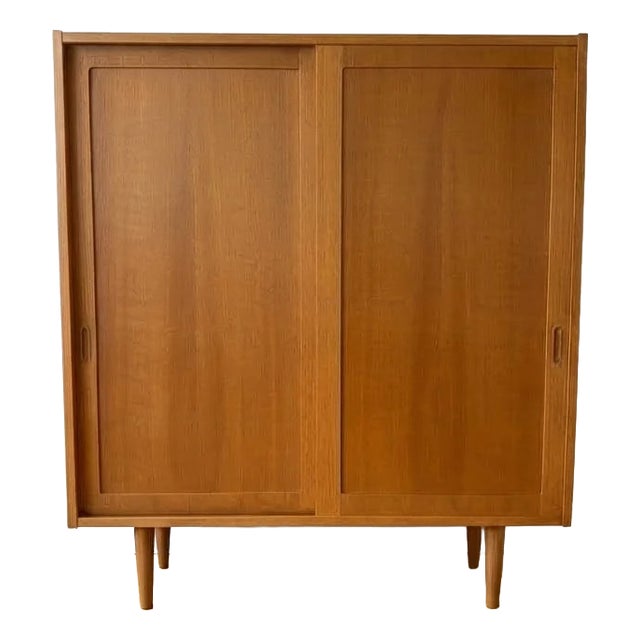 Danish Oak Wardrobe with Sliding Doors from Hundevad, 1960s For Sale