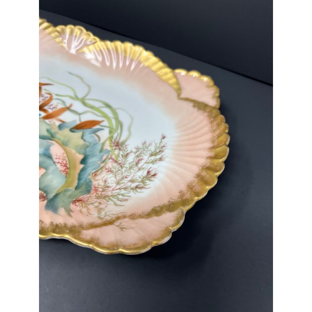 Ceramic Antique Staple Repaired Limoges Porcelain Charger, Art Nouveau Marine Botanical, France c.1900 For Sale - Image 7 of 9