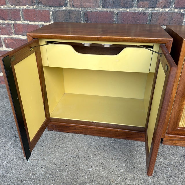 Pair of American of Martinsville Wonderwood Walnut & Cane Nightstands For Sale - Image 11 of 12