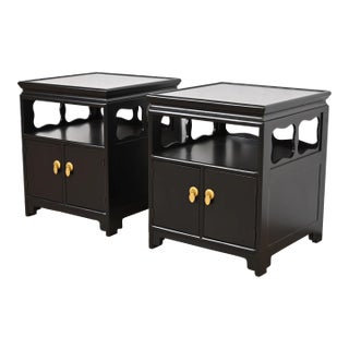 Michael Taylor for Baker Far East Collection Black Lacquered Nightstands, Newly Refinished For Sale