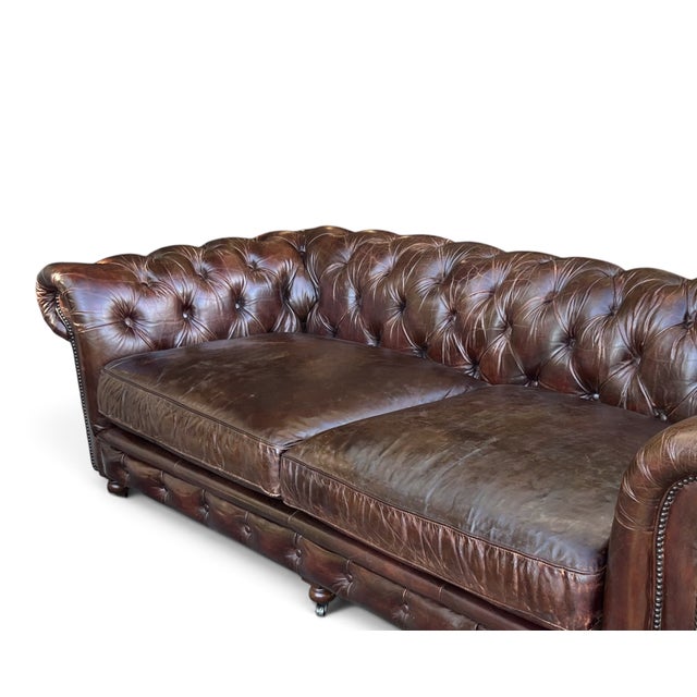 Brown Restoration Hardware Chesterfield Cognac Leather Sofa With Brass Nailhead & Casters For Sale - Image 8 of 16