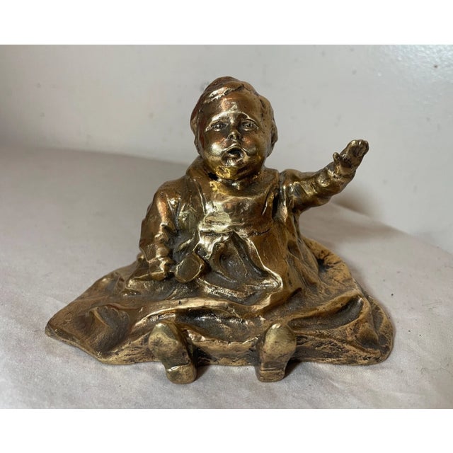 Figurative Antique Polished Signed Bronze Statue of a Baby With Spoon Sculpture Figure For Sale - Image 3 of 14