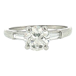 Mid-Century Platinum .94 Carat Old European Cut and Tapered Baguette Ring, Size 4.5 For Sale