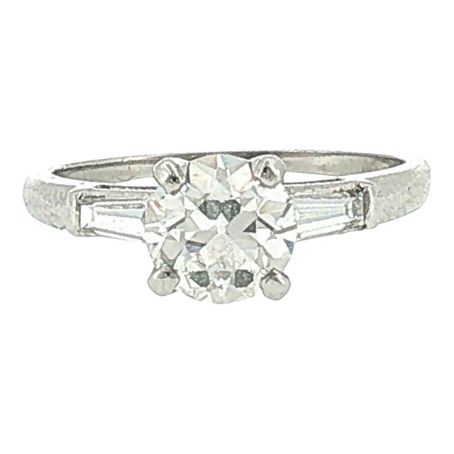 Mid-Century Platinum .94 Carat Old European Cut and Tapered Baguette Ring, Size 4.5 For Sale