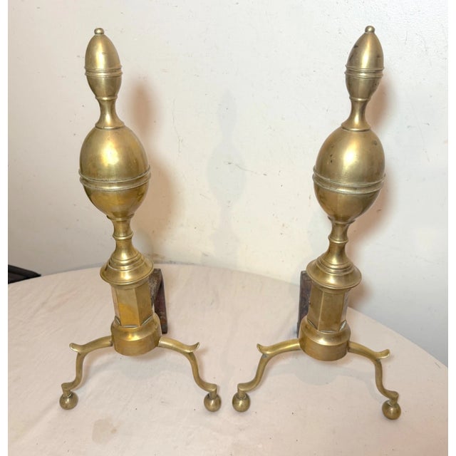 18th Century Pair of Antique 1700's Peened Brass Wrought Iron Federal Double Lemon Andirons For Sale - Image 5 of 12
