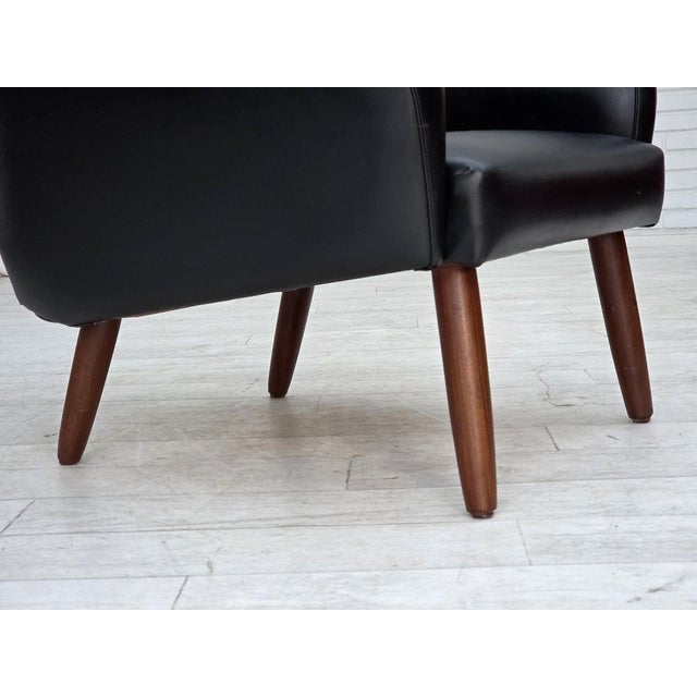 1970s Danish Highback Armchair in Black Leatherette and Teak, 1970s For Sale - Image 5 of 18