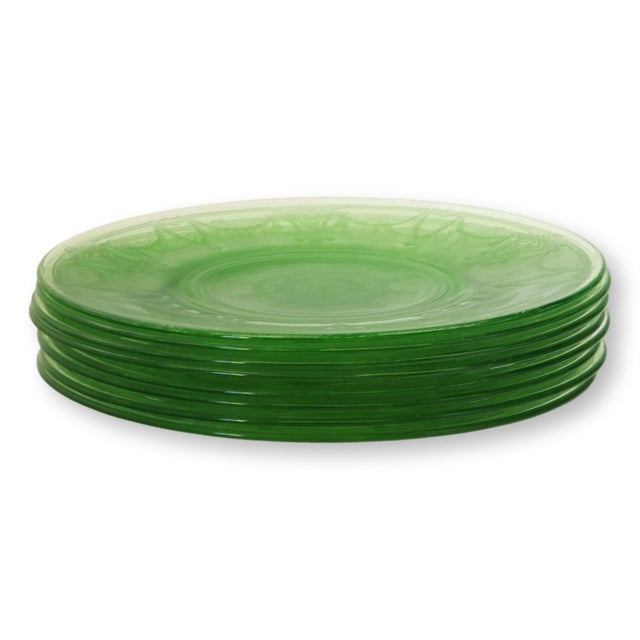 Art Deco Early 20th Century Art Deco Cameo Green Depression Uranium Glass Plates, Set of 8 For Sale - Image 3 of 6