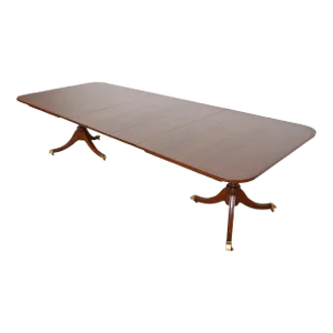 Kindel Furniture Georgian Banded Mahogany Double Pedestal Extension Dining Table, Newly Refinished
