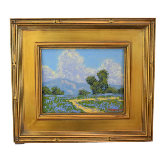 2020s M. Graison, California Landscape "Lavender Fields" Painting Including the Antiqued Gold Wood Frame For Sale - Image 5 of 5