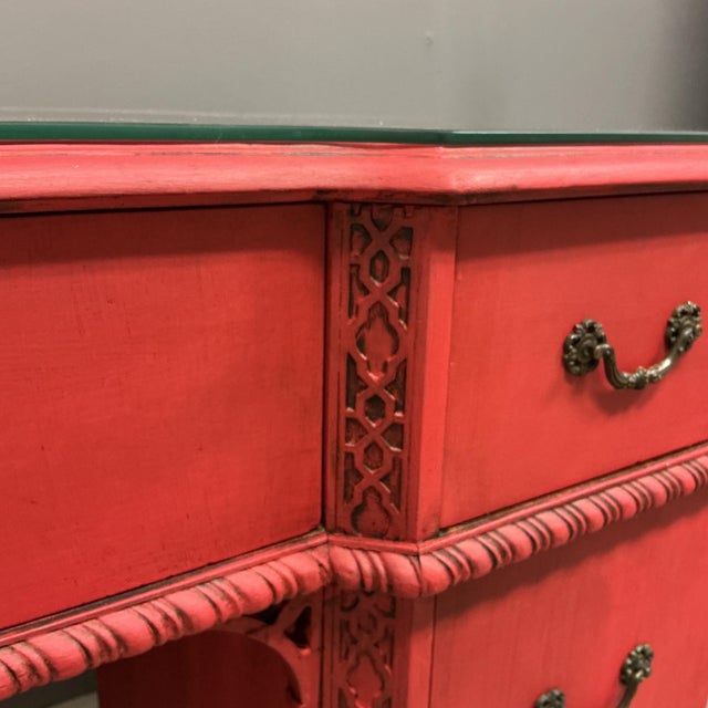 Asian Writing Desk Painted Red Brass Hardware Rope Turn Trim Glass Top 7 Drawers For Sale - Image 10 of 12