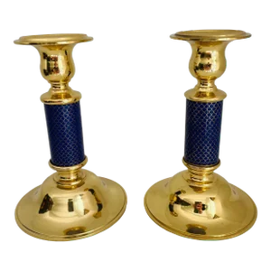 1950s Hollywood Regency Style Brass and Enamel Candle Holders- a Pair