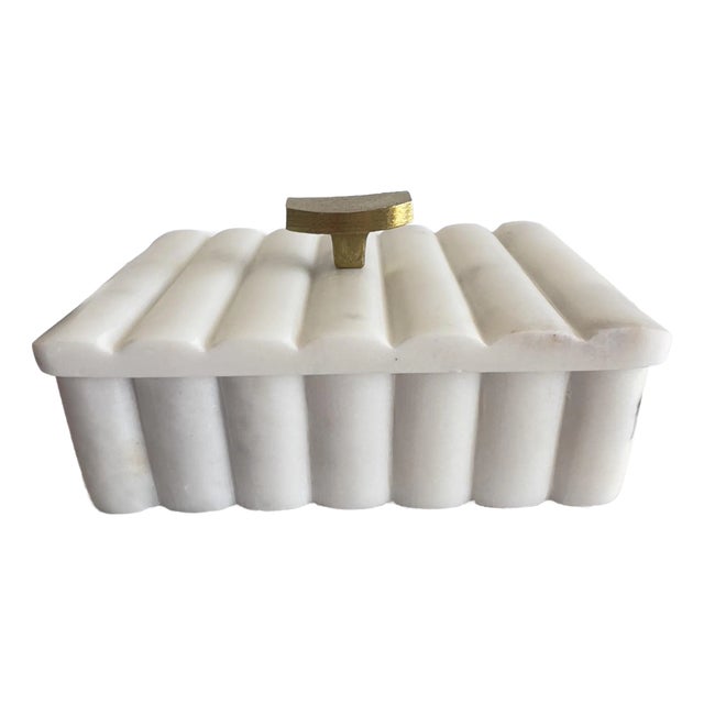 Modern Fluted Marble Alabaster White Vanity Jewelry Trinket Box For Sale