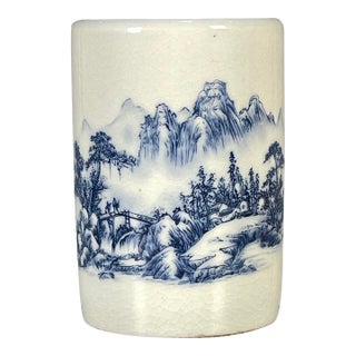 Blue & White Crackle Glaze Porcelain Brush Pot With Landscape Scene For Sale