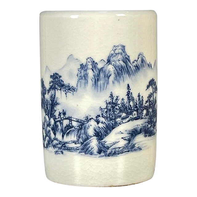 Blue & White Crackle Glaze Porcelain Brush Pot With Landscape Scene For Sale