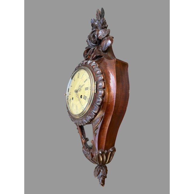 Victorian Vintage Floral Carved Wall Hanging Clock Sweden Westerstrand For Sale - Image 3 of 10