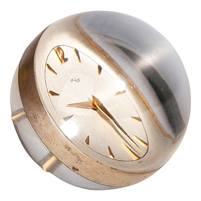 1960s Mid-Century Modern Lucite and Gilt Brass Sphere/Ball Paperweight Clock With 15 Jewel Wind-Up Movement by Swiss Clockmaker Arthur Imhof For Sale