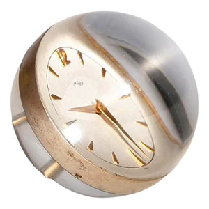 1960s Mid-Century Modern Lucite and Gilt Brass Sphere/Ball Paperweight Clock With 15 Jewel Wind-Up Movement by Swiss Clockmaker Arthur Imhof
