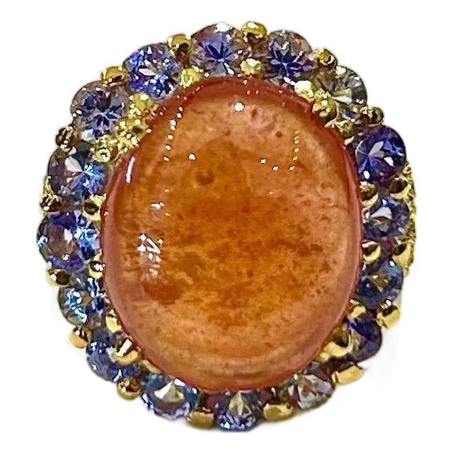 Bochic “Capri” Vintage Orange Opal & Tanzanite Cocktail Ring — 18K Gold & Silver For Sale