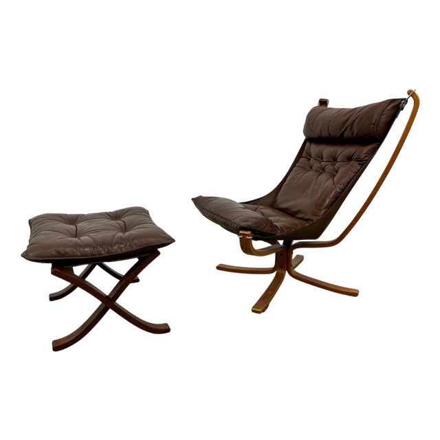 Set of Leather Falcon Sling Chair and Ottoman by Sigurd Ressell for Vatne Møbler, 1970s For Sale