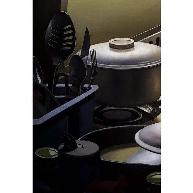 Late Supper by Russell Harris | Oil on linen Woman cooking in a kitchen at night. For Sale - Image 4 of 5
