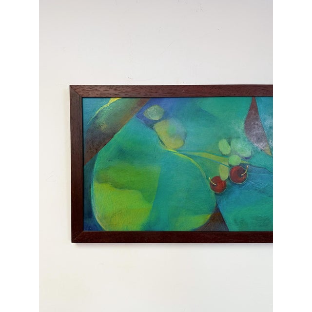 Late 20th Century Framed Original Abstract Acrylic Painting Teal Green Still Life Art, Wood Frame For Sale - Image 9 of 14
