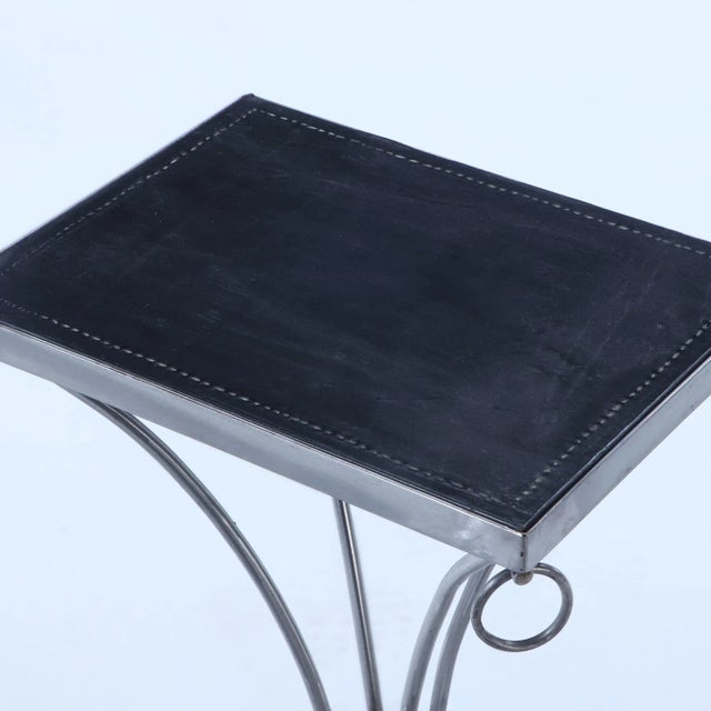 2020s Pair Polished Iron Drinks Tables With Ring Decoration and Black Distressed Leather Hand Stitched Tops So as to Look Vintage. For Sale - Image 5 of 8