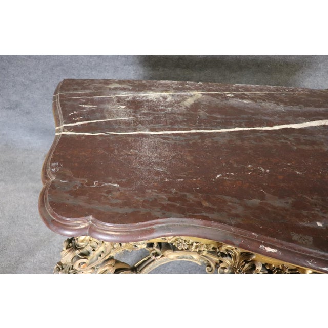 Gold French Louis XV Giltwood Carved Walnut Marble Top Console Table Circa 1890s For Sale - Image 8 of 15