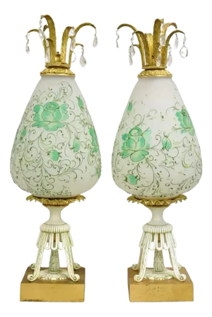 Vintage Italian Hollywood Regency Glass Pineapple Gold Metal Table Lamps - Pair