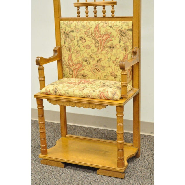 71" Antique Victorian Narrow Golden Oak Hall Tree Entry Bench Seat Coat