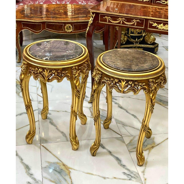Italian Style Side Table Set With Dark Brown Marble Top & Gold Accents For Sale - Image 4 of 4