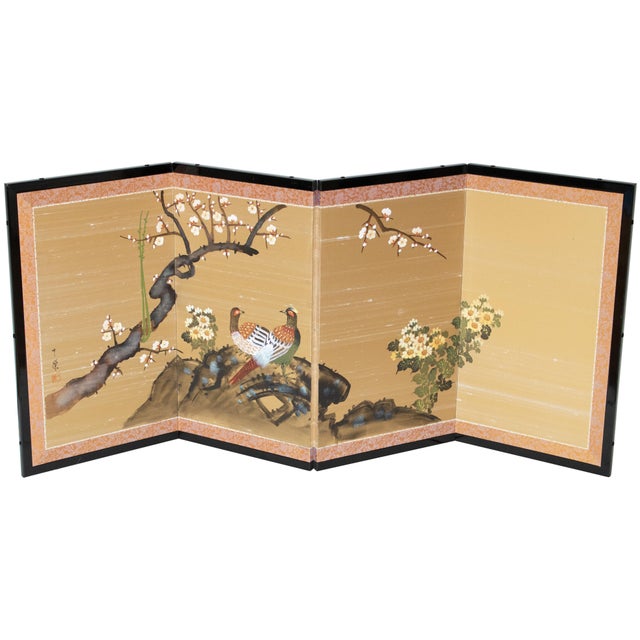 Lovely Japanese painted 4-panel Silk Byobu (folding screen) depicts a graceful scene with Two Pheasants and Blossoming...