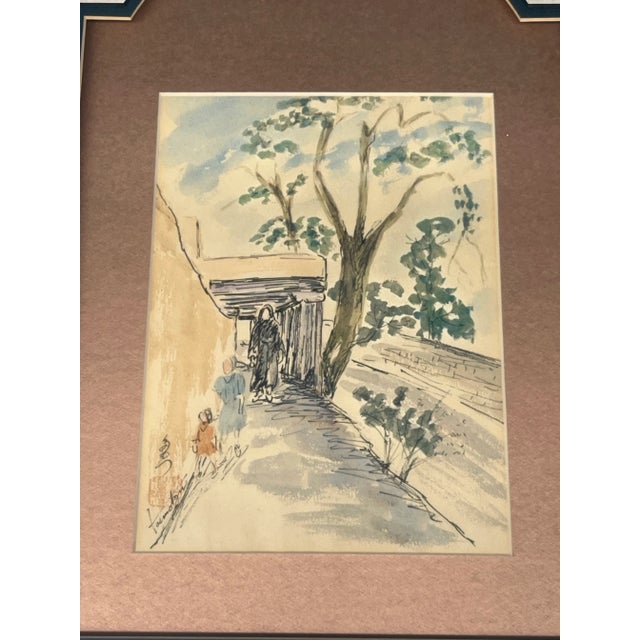 Framed watercolor. Contains three figures. One adult and two children. Oriental character inscription on the back. Matting...