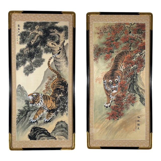 Pair of Signed Chinese Tiger Scroll Paintings, Ink on Silk, Ca. 1960 For Sale