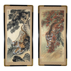Pair of Signed Chinese Tiger Scroll Paintings, Ink on Silk, Ca. 1960