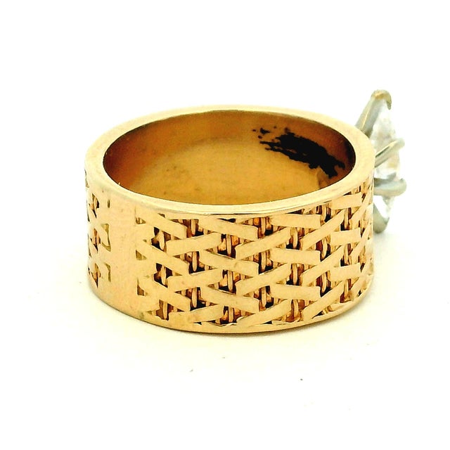 Gold 1970s FJG 14k Gold Basket-Weave Ring With Marquise Diamond, Size 5 For Sale - Image 8 of 14