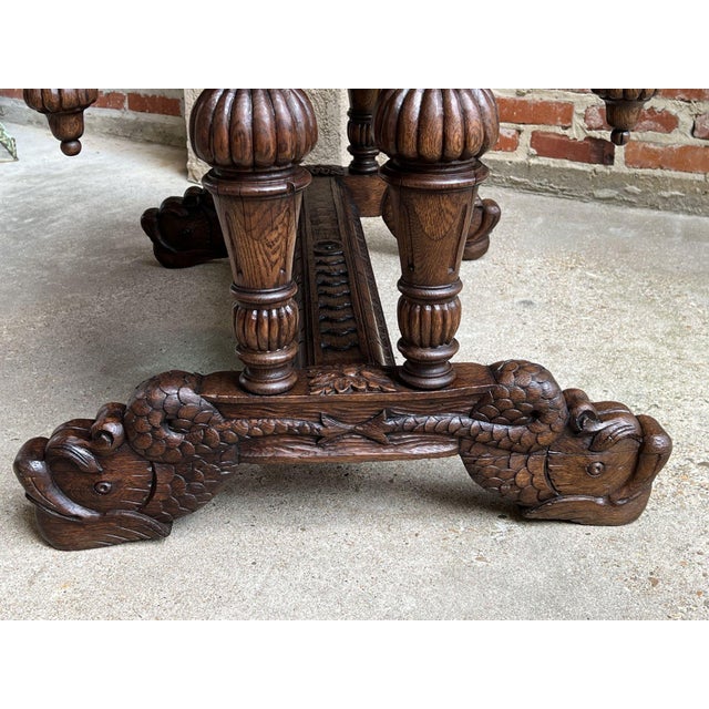 Wood Antique French Dolphin Library Table Writing Desk Renaissance Carved Oak Gothic C1880 For Sale - Image 7 of 13