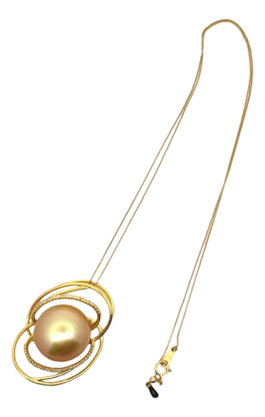 18mm Golden South Sea Pearl Diamond 18k Yellow Gold Orbital Pendant Chain