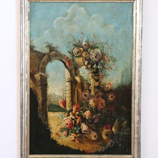 Still Life with Flowers, Fruits and Architectural Elements, 1800s, Oil Painting on Canvas, Framed For Sale - Image 13 of 16