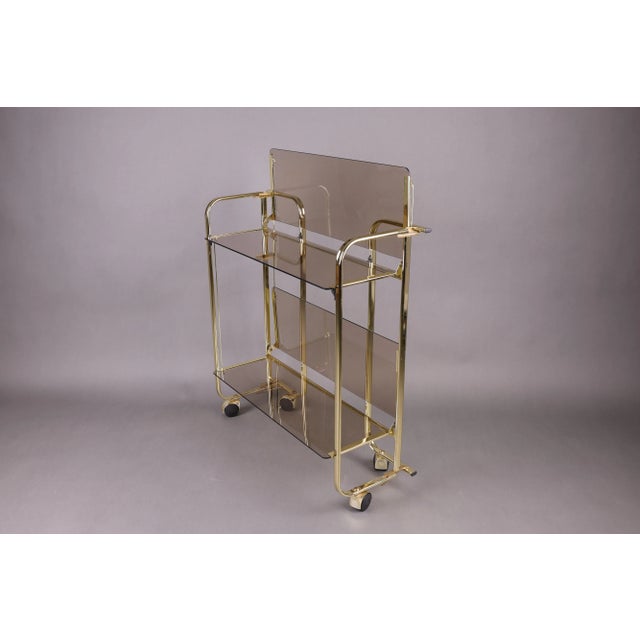 Vintage Folding Bar Cart with Smoked Glass and Gold-Colored Frame, Germany, 1980s For Sale - Image 10 of 16