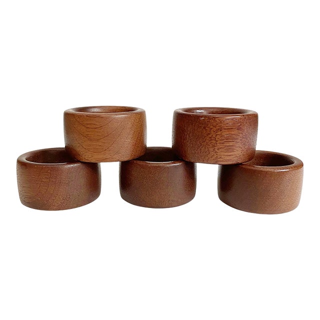 Vintage Mid-Century Modern Teak Wood Napkin Rings – Set of 5, Boho Natural Wood Holder For Sale