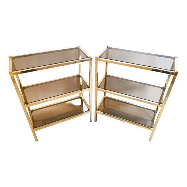 Hollywood Regency Etagere in Smoked Glass and Gold-Tone Meta, 1970s For Sale