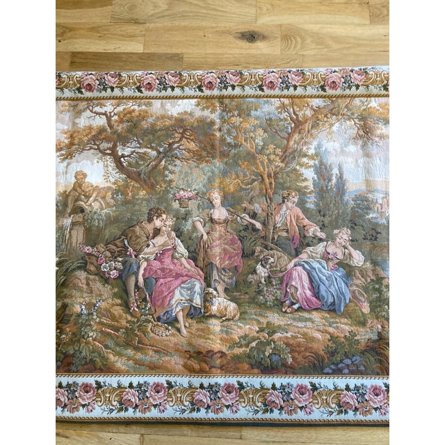 Mid 20th Century French Gobelins Pastoral Tapestry Wall Hanging With Solid Wood Hardware For Sale - Image 11 of 16