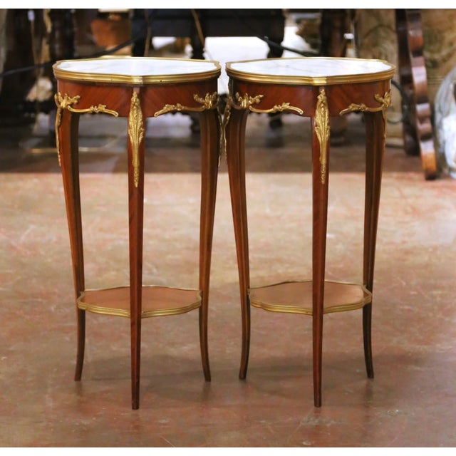 Pair of Mid-Century French Louis XV Marble Top Mahogany and Ormolu Side Tables For Sale In Dallas - Image 6 of 13