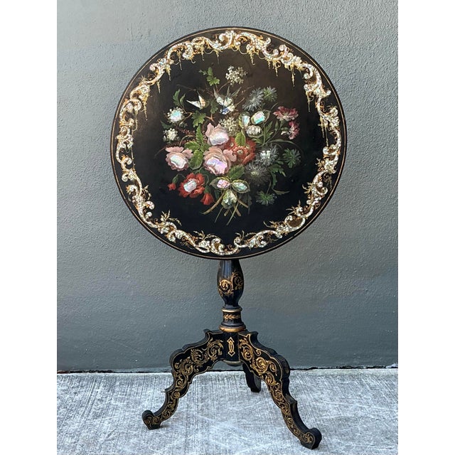 Vintage Mother of Pearl Inlay Tilt Top Table For Sale - Image 9 of 12