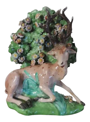 18th Century English Derby Porcelain Recumbent Deer Stag at Lodge Model