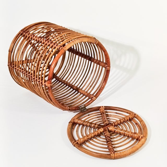 Wood French Riviera Style Rattan Stool or Basket by Tito Agnoli, Italy, 1970s For Sale - Image 7 of 13